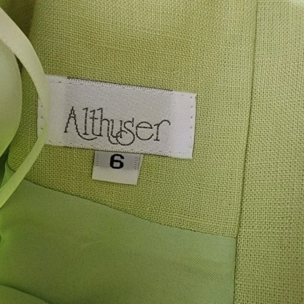 Vintage Althuser Green Linen Blazer Short‎ Sleeve Button Back Floral Trim USA 6
